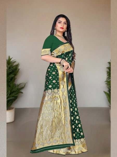 Banarasi Pure Silk Gold Zari Wedding Wear Green Saree Banarasi Sarees