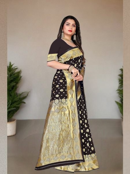 Banarasi Pure Silk Gold Zari Wedding Wear Black Saree Banarasi Sarees