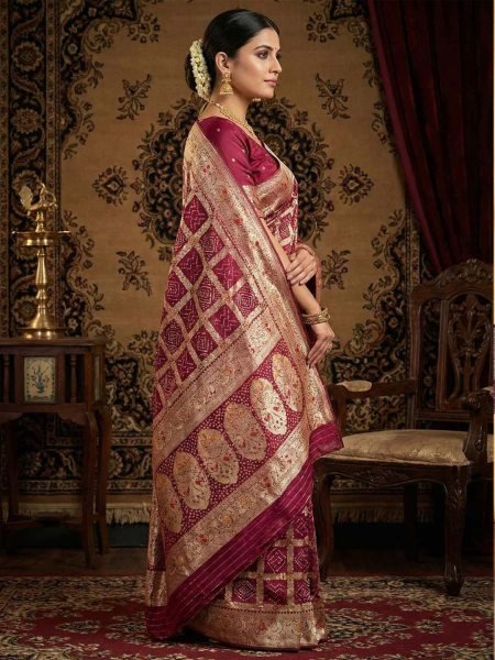 Banarasi Silk Saree with Geometric Woven Design   Rich Zari Border Banarasi Sarees