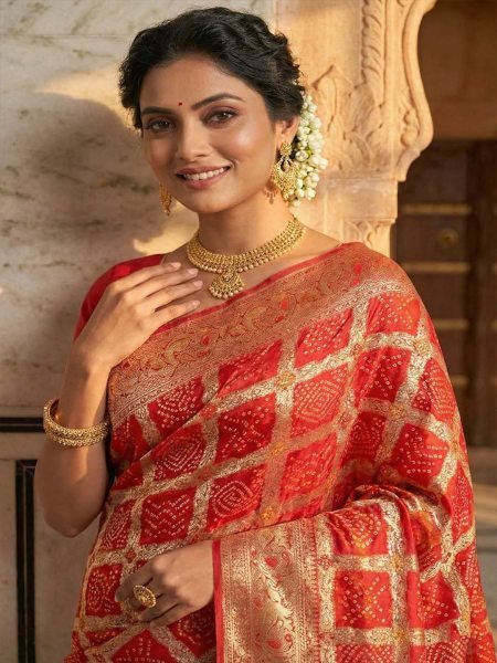 Banarasi Silk Saree with Geometric Woven Design   Rich Zari Border Banarasi Sarees