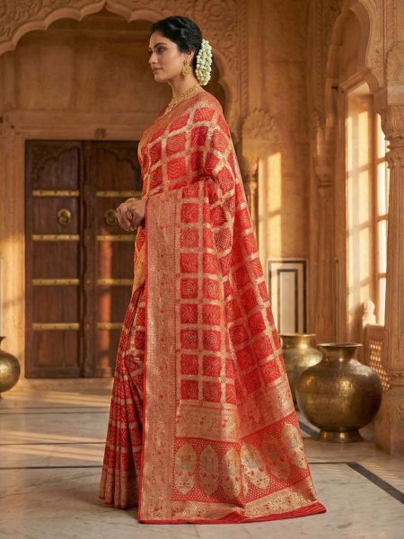 Banarasi Silk Saree with Geometric Woven Design   Rich Zari Border Banarasi Sarees