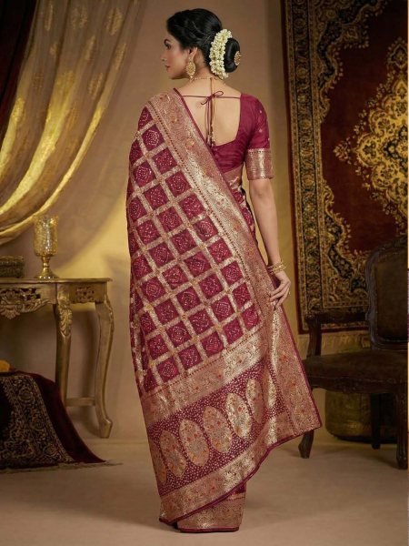 Banarasi Silk Saree with Geometric Woven Design   Rich Zari Border Banarasi Sarees