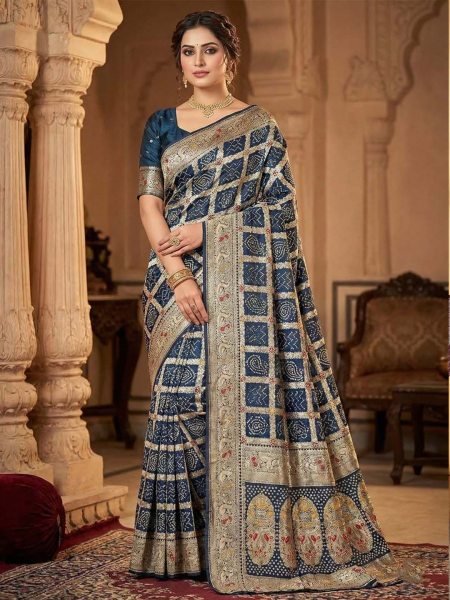 Banarasi Silk Saree with Geometric Woven Design   Rich Zari Border Banarasi Sarees