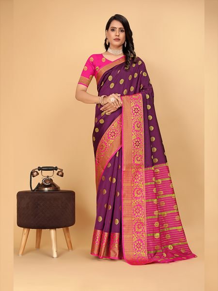 Banarasi Softy Copper Zari Cotton Silk Wine Saree Sale