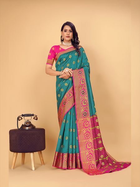 Banarasi Softy Copper Zari Cotton Silk Rama Saree Sale