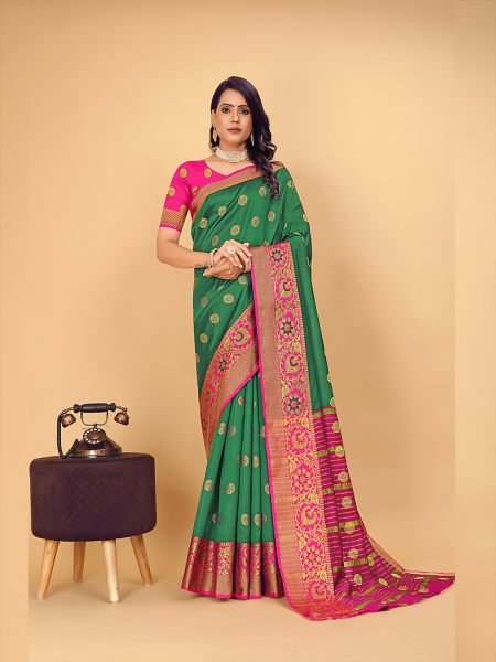 Banarasi Softy Copper Zari Cotton Silk Green Saree Sale