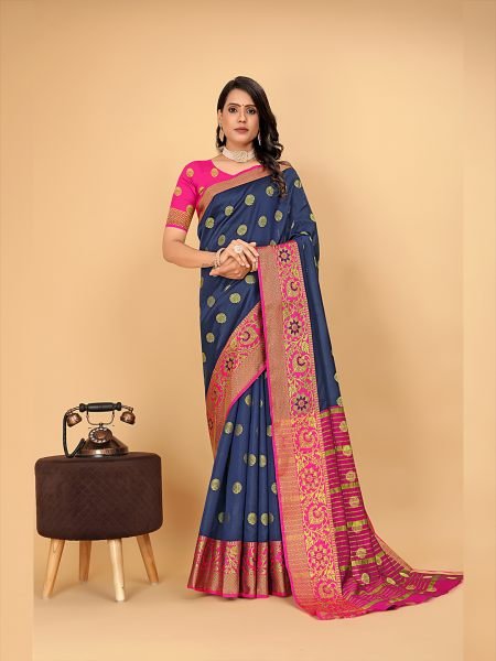 Banarasi Softy Copper Zari Cotton Silk Navy Blue Saree Sale