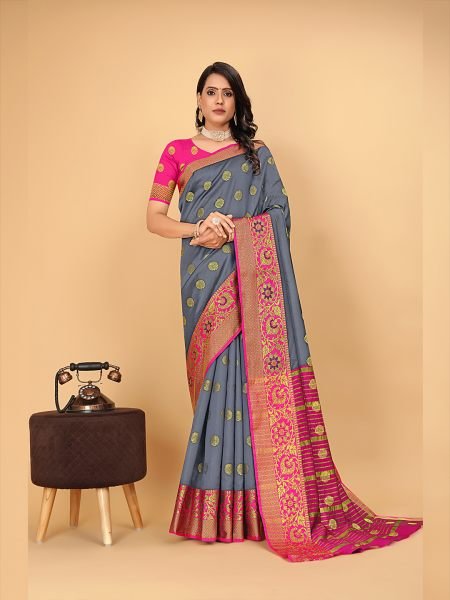 Banarasi Softy Copper Zari Cotton Silk Grey Saree Sale