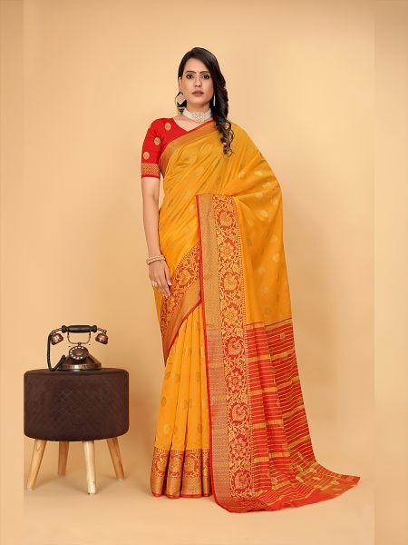 Banarasi Softy Copper Zari Cotton Silk Orange Saree Sale