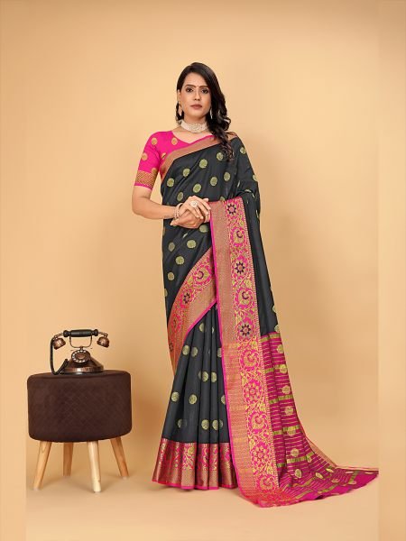 Banarasi Softy Copper Zari Cotton Silk Black Saree Sale