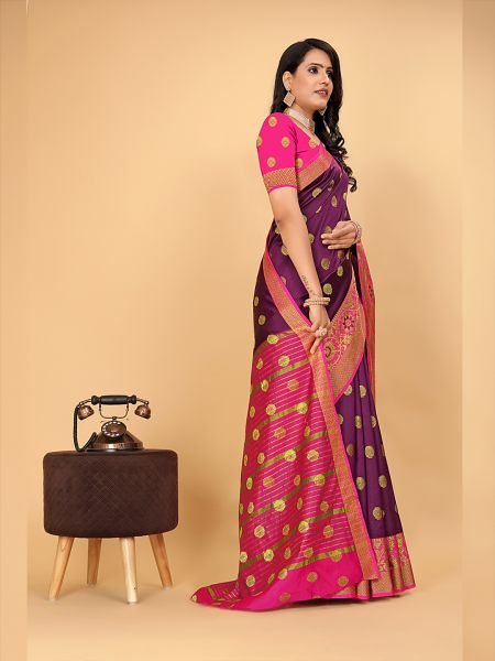 Banarasi Softy Copper Zari Cotton Silk Wine Saree Banarasi Sarees