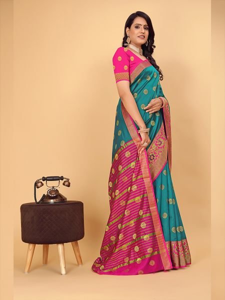 Banarasi Softy Copper Zari Cotton Silk Rama Saree Banarasi Sarees