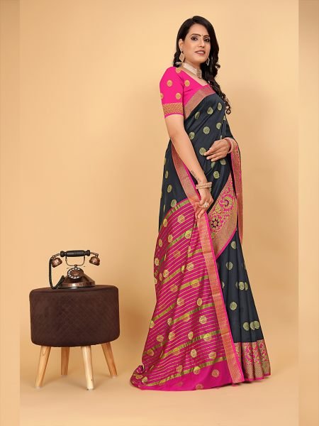 Banarasi Softy Copper Zari Cotton Silk Black Saree Banarasi Sarees