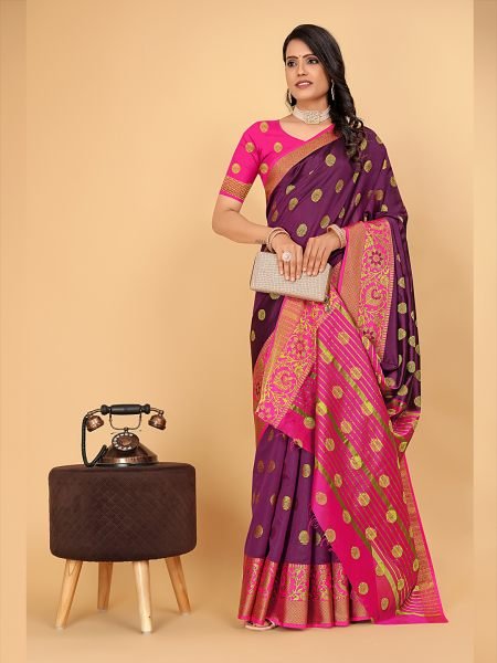 Banarasi Softy Copper Zari Cotton Silk Wine Saree Banarasi Sarees