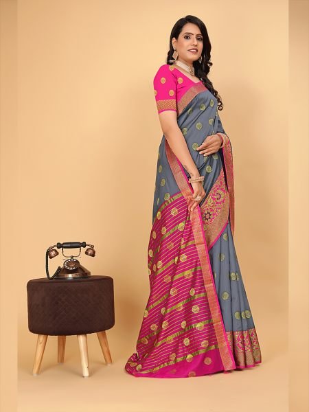 Banarasi Softy Copper Zari Cotton Silk Grey Saree Banarasi Sarees