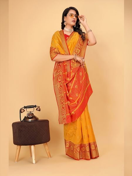 Banarasi Softy Copper Zari Cotton Silk Orange Saree Banarasi Sarees