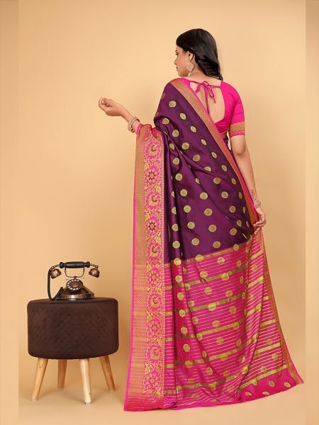 Banarasi Softy Copper Zari Cotton Silk Wine Saree Banarasi Sarees