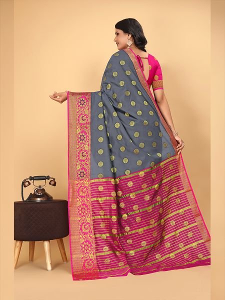 Banarasi Softy Copper Zari Cotton Silk Grey Saree Banarasi Sarees