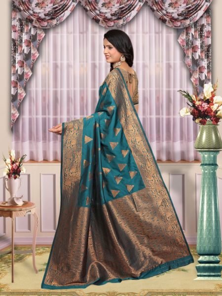 Banarasi Zari Woven Pure Silk Rama Saree Banarasi Sarees