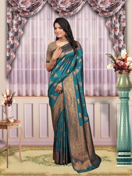 Banarasi Zari Woven Pure Silk Rama Saree Banarasi Sarees