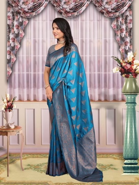 Banarasi Zari Woven Pure Silk Firozi Saree Banarasi Sarees