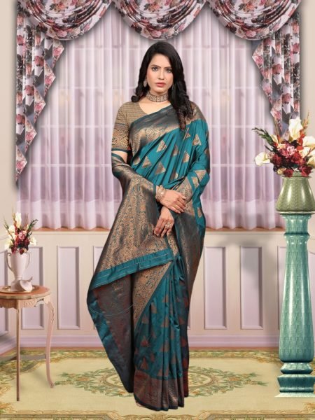 Banarasi Zari Woven Pure Silk Rama Saree Banarasi Sarees