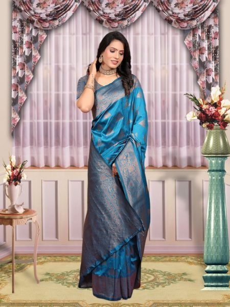 Banarasi Zari Woven Pure Silk Firozi Saree Banarasi Sarees