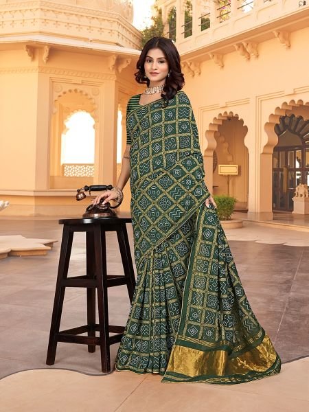 Bandhani Patola Print Lagdi Patta Zari Pallu Green Saree Sale