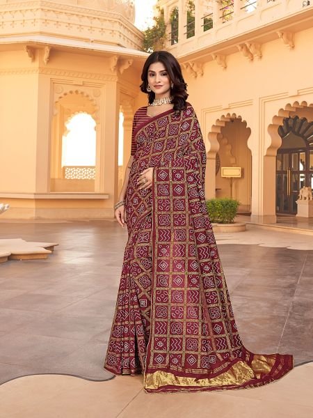 Bandhani Patola Print Lagdi Patta Zari Pallu Maroon Saree Sale