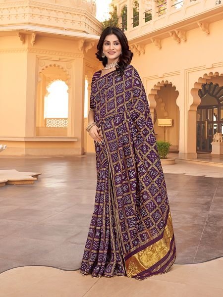 Bandhani Patola Print Lagdi Patta Zari Pallu Wine Saree Sale