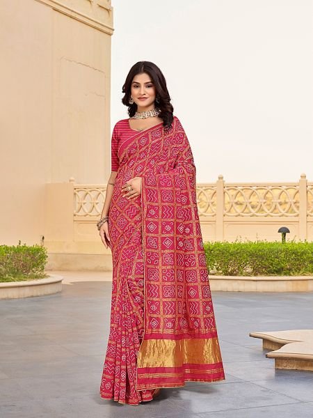 Bandhani Patola Print Lagdi Patta Zari Pallu Gajari Saree Printed Sarees