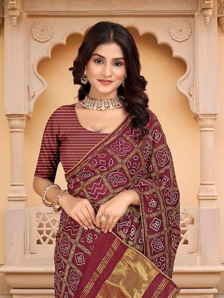 Bandhani Patola Print Lagdi Patta Zari Pallu Maroon Saree Printed Sarees