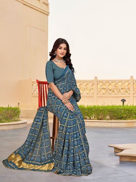 Bandhani Patola Print Lagdi Patta Zari Pallu Rama Saree Printed Sarees