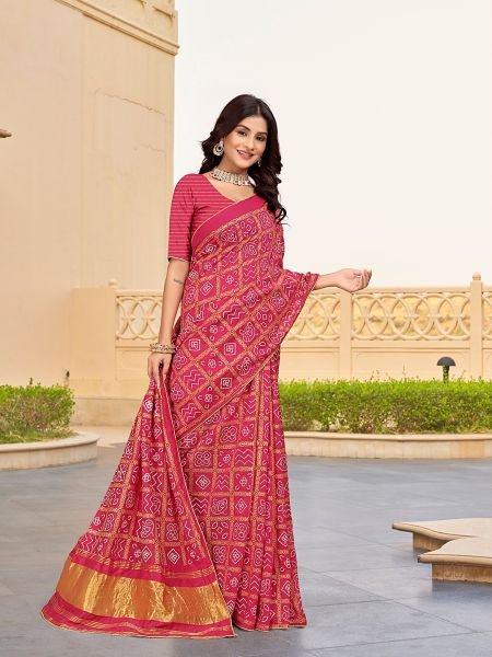 Bandhani Patola Print Lagdi Patta Zari Pallu Gajari Saree Printed Sarees