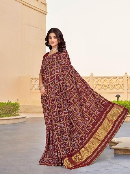 Bandhani Patola Print Lagdi Patta Zari Pallu Maroon Saree Printed Sarees