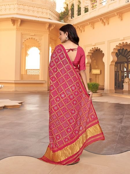 Bandhani Patola Print Lagdi Patta Zari Pallu Gajari Saree Printed Sarees