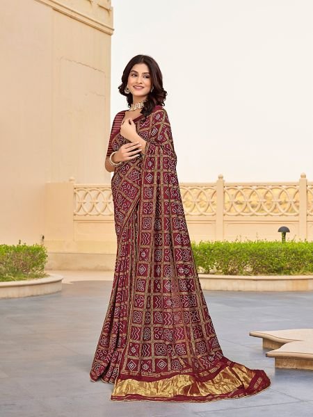 Bandhani Patola Print Lagdi Patta Zari Pallu Maroon Saree Printed Sarees