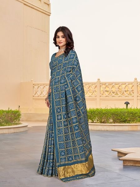 Bandhani Patola Print Lagdi Patta Zari Pallu Rama Saree Printed Sarees
