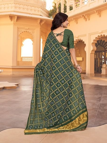 Bandhani Patola Print Lagdi Patta Zari Pallu Green Saree Printed Sarees