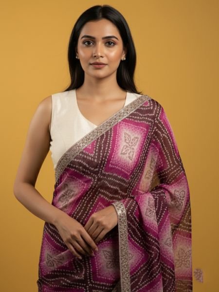 Bandhani Printed Chiffon Saree with Embroidered Border Printed Sarees
