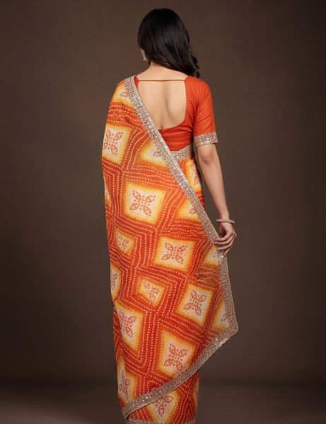 Bandhani Printed Chiffon Saree with Embroidered Border Printed Sarees