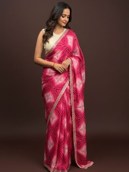 Bandhani Printed Chiffon Saree with Embroidered Border Printed Sarees