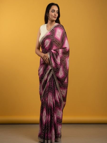 Bandhani Printed Chiffon Saree with Embroidered Border Printed Sarees