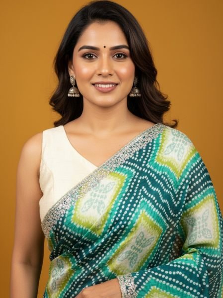 Bandhani Printed Chiffon Saree with Embroidered Border Printed Sarees