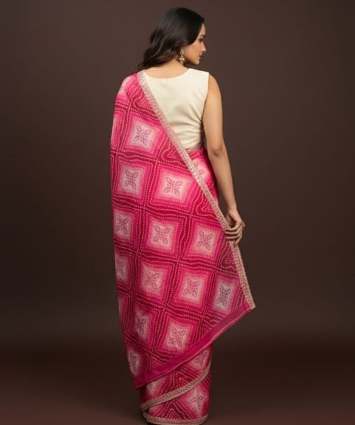 Bandhani Printed Chiffon Saree with Embroidered Border Printed Sarees
