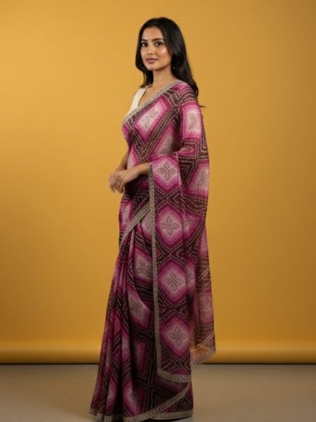 Bandhani Printed Chiffon Saree with Embroidered Border Printed Sarees