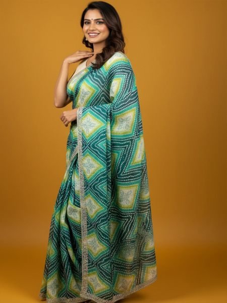 Bandhani Printed Chiffon Saree with Embroidered Border Printed Sarees