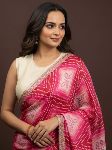 Bandhani Printed Chiffon Saree with Embroidered Border Printed Sarees