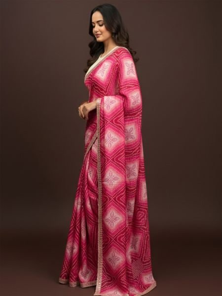 Bandhani Printed Chiffon Saree with Embroidered Border Printed Sarees