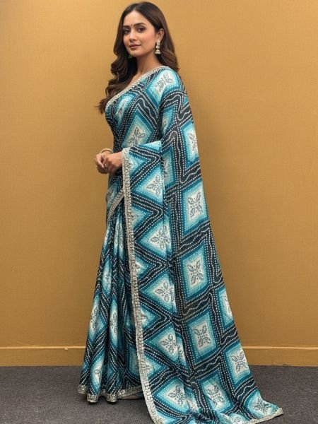 Bandhani Printed Chiffon Saree with Embroidered Border Printed Sarees